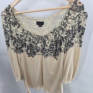 Deletta x Anthropologie Cream Black Floral Elastic Cuff Blouse Size Medium